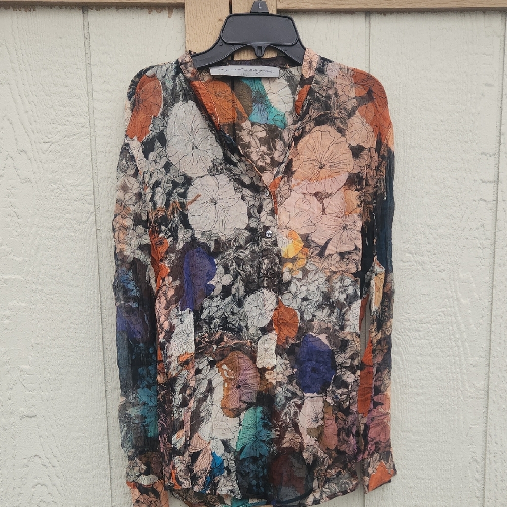 Raquel Allegra Silk Floral Dainty Quiet Luxury Sheer Long Sleeve Blouse Garden
